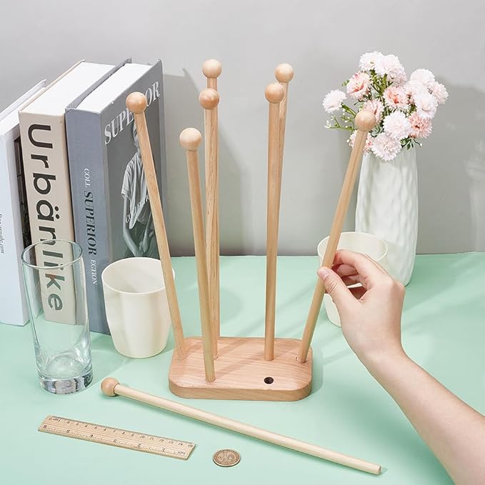 BENECREAT Plastic Bag Drying Rack, Reusable Bag Cup Drainer Holder with 8 Sticks Beech Wood Drying Rack for Drying Food Storage Bags, Drinking Cups, Bottles, Dishcloths