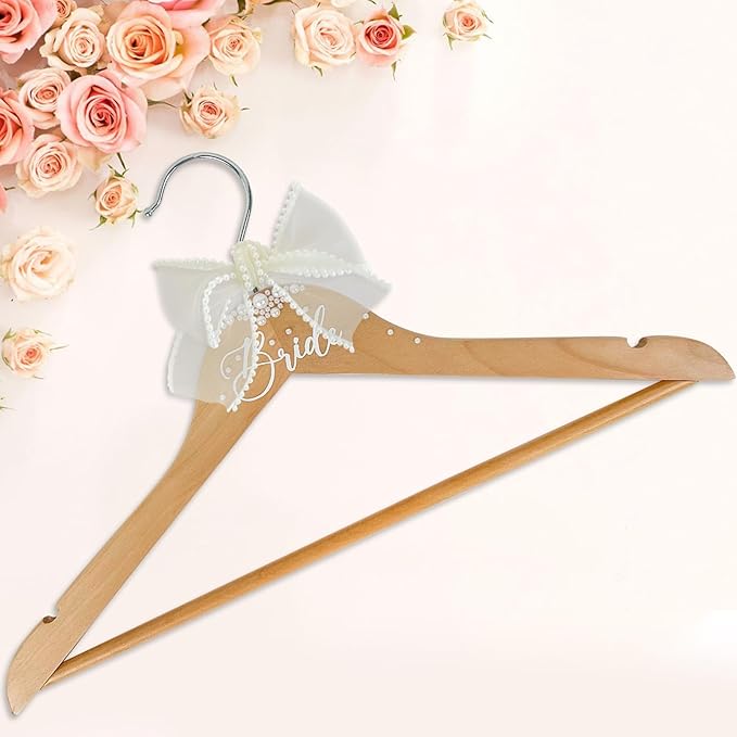 Bride Hanger for Wedding Dress, Wooden Bridal Hanger Wedding Hangers Personalized Hangers with Bow Tie & Pearl for Weddings Party Gifts Accessoriesz (Bride)