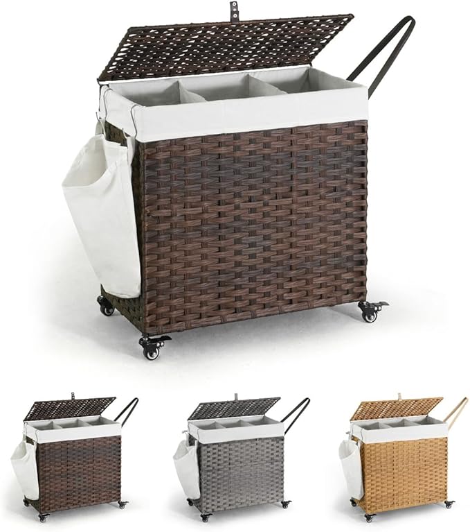 CAPHAUS Handwoven Basket w/Lid for Storage, Synthetic Rattan Laundry Hamper w/Wheels, Clothes Hamper for Laundry, Laundry Basket w/Lid, Removable Liner Bags, Mesh Bags, Pulling Strap, 140L, Brown