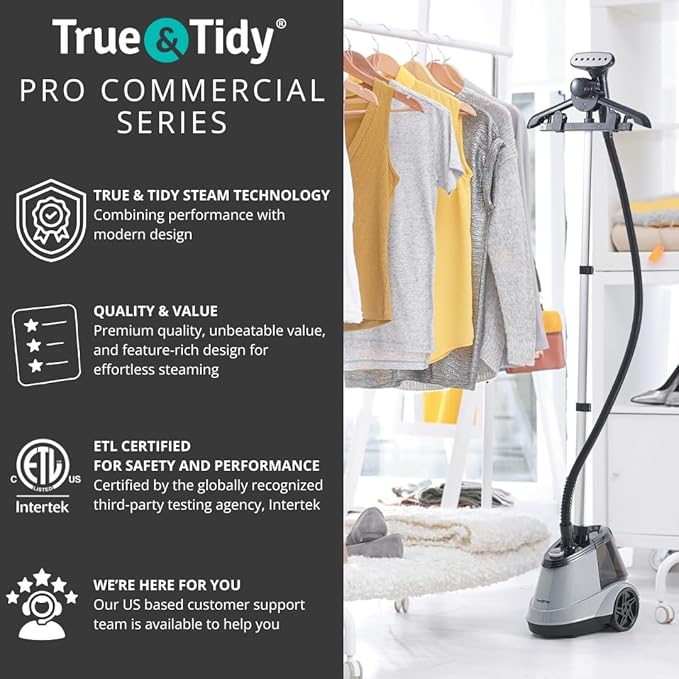 True & Tidy Heavy Duty Commercial Full Size Standing Garment Steamer for Clothes with Extra Large 3L (101 oz) Water Tank for 90+ mins of Steam Time, 1800 watts of Powerful Steam, 3 Settings, Gray