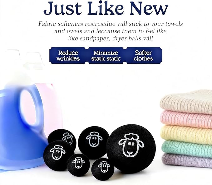 Wool Dryer Balls, New Zealand Dryer Balls Laundry Reusable Reduce Static Cling, Dryer Ball to Reduce Wrinkles & Shorten Drying Time, Drying Balls for Laundry(Pack of 6) (Black-Lamb)