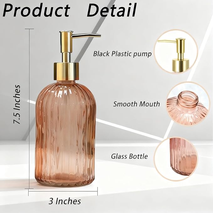 Glass Soap Dispenser with Gold Plastic Pump, 13.5oz Glass Striped Hand Soap Dispenser, 2 Refillable Hand Liquid Dispenser Set for Modern Home Decor, Bathroom, Kitchen Countertop, Hotel (Orange)