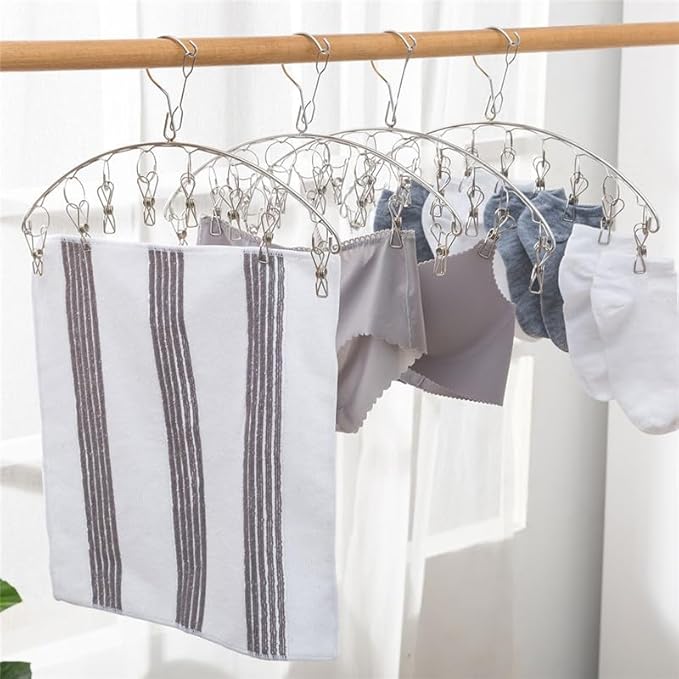 Stainless Steel Laundry Drying Rack Clothes Hanger with Windproof Hook,Underwear Hanger,Clothes Hangers with 8 Clips for Drying Socks,Diapers,Baby Clothes (3 Pack)