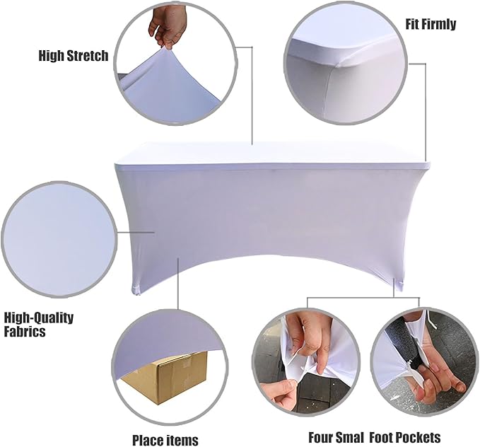 6 Pack - Elegant White Stretch Spandex Table Cover (60Lx28Wx30H Inches), Non-Iron Fitted Tablecloth for 5-Foot Rectangular Folding Tables -Ideal for Banquets, Weddings & Festivals