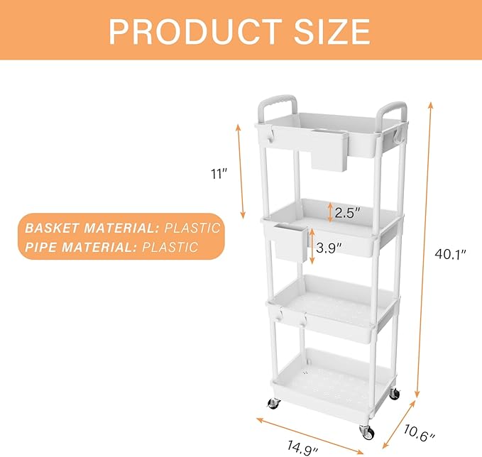 4 Tier Rolling Utility Cart with Handle,REBECAT Utility Cart Made of Multifunctional Storage Organizer Tool for Kitchen,Bathroom,Living Room,Office(White)