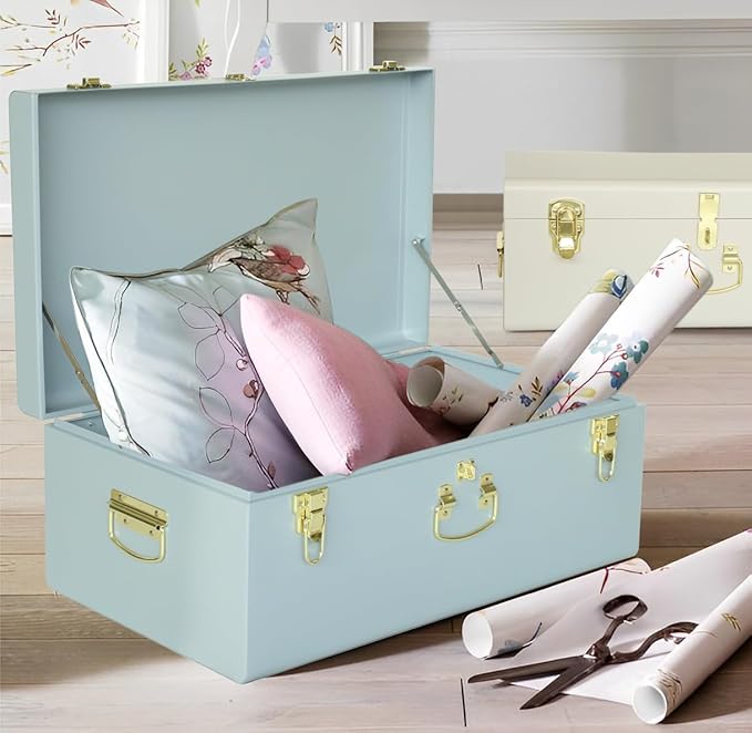 Vixdonos Decorative Large Metal Box Storage Trunk Chest Set of 2 College Dorm Organizer with Hardware Hasps and Handle for Home Deocr,23.7X14.2X9.5 Inches(White and Blue)