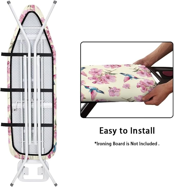 Hummingbird Iron Board Cover with Padding 15x54 Inch Standard Size Ironing Board Cover Stain Resistant Hook and Loop Fasteners (Cherry Blossom Print)
