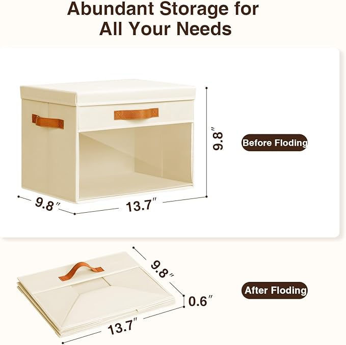 Large Storage Bins with Lids - 4 Pack Foldable Decorative Organizers with Clear Windows & Handles, Cube Storage Organizers for Clothes, Blankets, Sweaters, Sheets, Beige