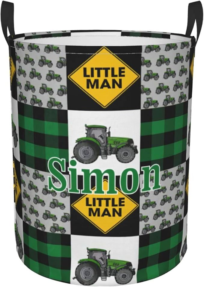 Green Farm Tractor Tractor Personalized Laundry Hamper Custom with Name Collapsible Waterproof Storage Basket with Handles for Bedroom Decor Gift.