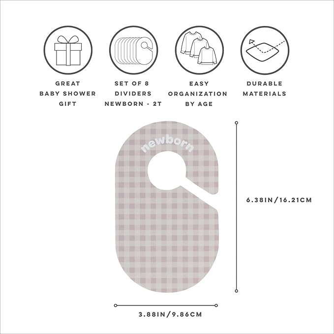 3 Sprouts Baby Closet Dividers Set of 8 - Toddler Clothes Organizer Hanger, Double-Sided Size Labels - Nursery Organization for Newborn Clothing, Infant, Boy & Girl - Gingham