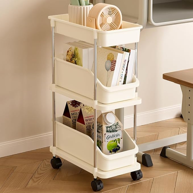 Slim Storage Cart 3 Tier Slim Rolling Utility Cart with Pull-Out Baskets & Wheels for Narrow Space in Kitchen Dining Room Bathroom Laundry Room Cream White (Width 6.3 Inches)