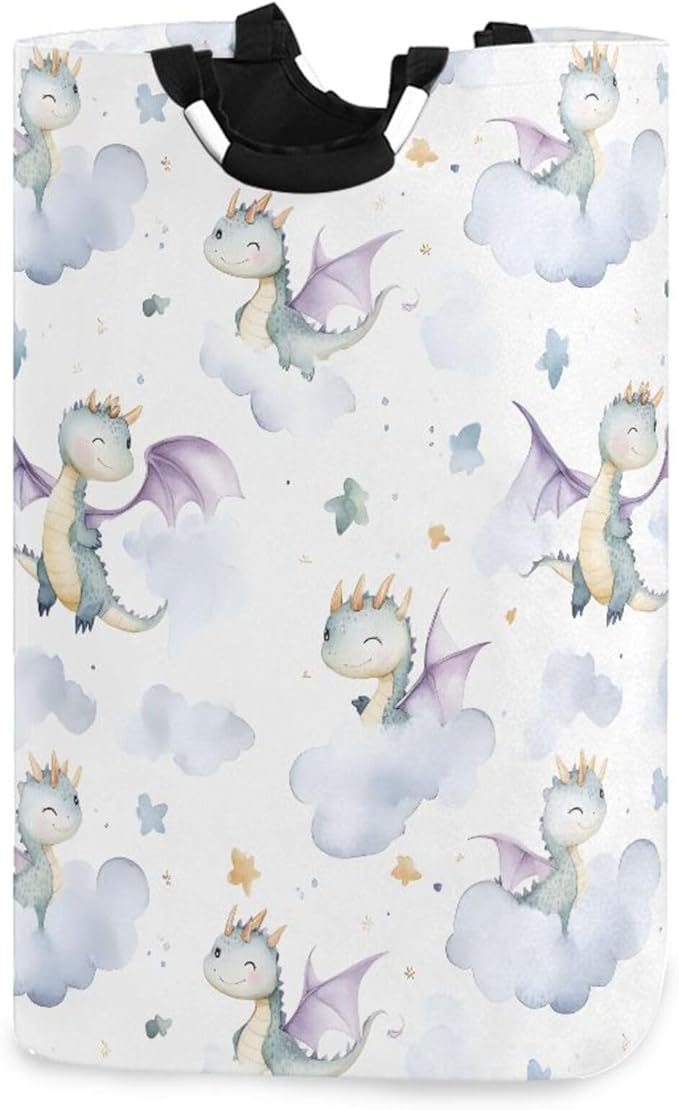 xigua Watercolor Dragon Large Laundry Hamper with Handle, Foldable Clothes Hamper Collapsible Storage Basket for Toys and Clothes Organization in Bedroom, Bathroom, and Laundry Room