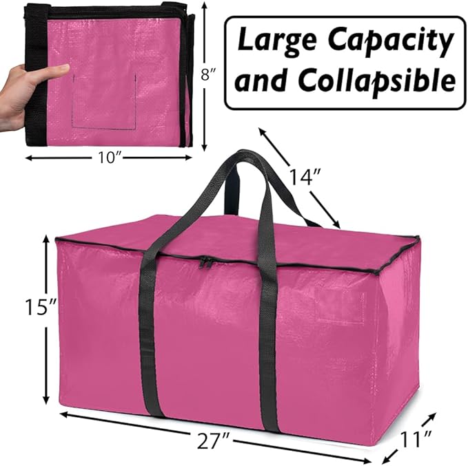 ClearSpace Heavy Duty Moving Bags or Storage Bags – Pink Storage Bins with Lids, Large Moving Boxes with Backpack Straps & Zippers,– Packing Box & Moving Supplies for College Dorm, 4 Pack