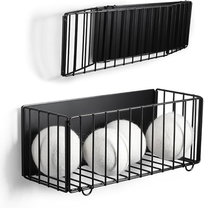 Picowe Large Dryer Ball Organizer Magnetic Storage Bin, Foldable Magnetic Dryer Ball Holder for Laundry Room Organization and Storage to Hold 4-6 Dryer Balls, Without Balls（Black,M）