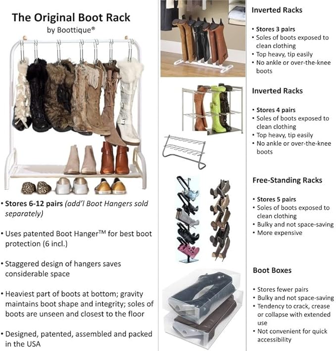 Boottique Boot Organizer: The Boot Rack - Fits in Most Closets- Hangs, Holds, Shapes, & Protects every size and style of Boots (Boot Rack with 6 Silver Gripz Hangers)