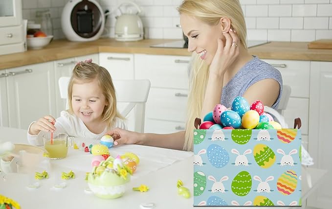 Rectangle Easter Gift Basket Empty with Handles for Kids,Cute Organizer Toy Bin,Books Basket,Room Decor(Easter Rabbit Basket)