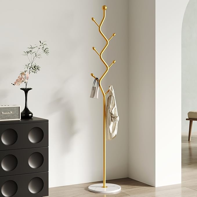 Creative Tree Branch-Look Gold Coat Rack Freestanding with 6 Hooks & Sturdy Marble base Metal Clothes Hanger Stand for Entryway/Mudroom/Bedroom/Hallway/Home Office (gold)