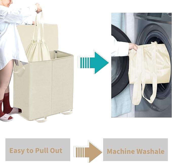 Double Laundry Hamper with Lid and Removable Bags, Laundry Basket 2 Section, Double Hampers for Laundry, Large Divided Hamper, Dual Laundry Hamper 2 Section with Handles Dorm 140L Beige