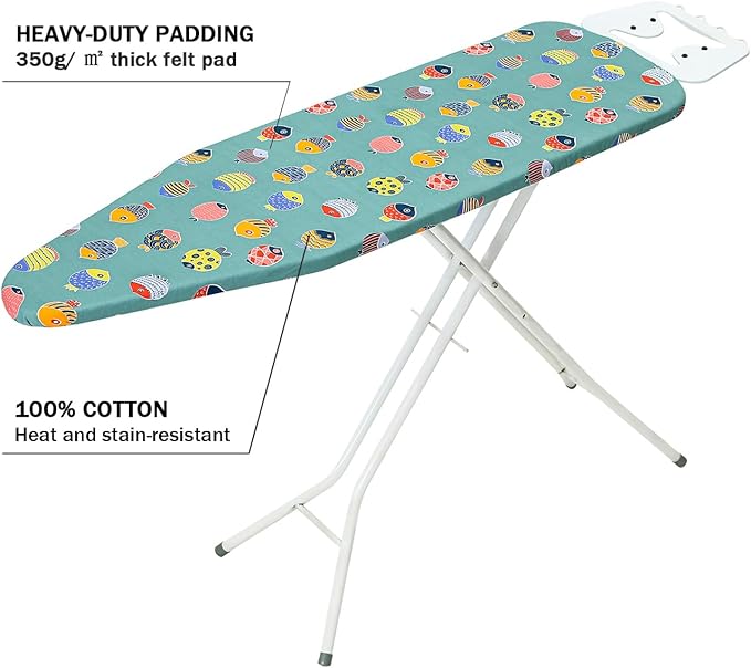 Ironing Board Cover and Pad Standard Size 15" x 54",3 Pairs of Hook and Loop Fastener Straps,Elastic Edges,Cotton Iron Board Cover with Scorch Resistant Thick Padding(Green+Fishes)