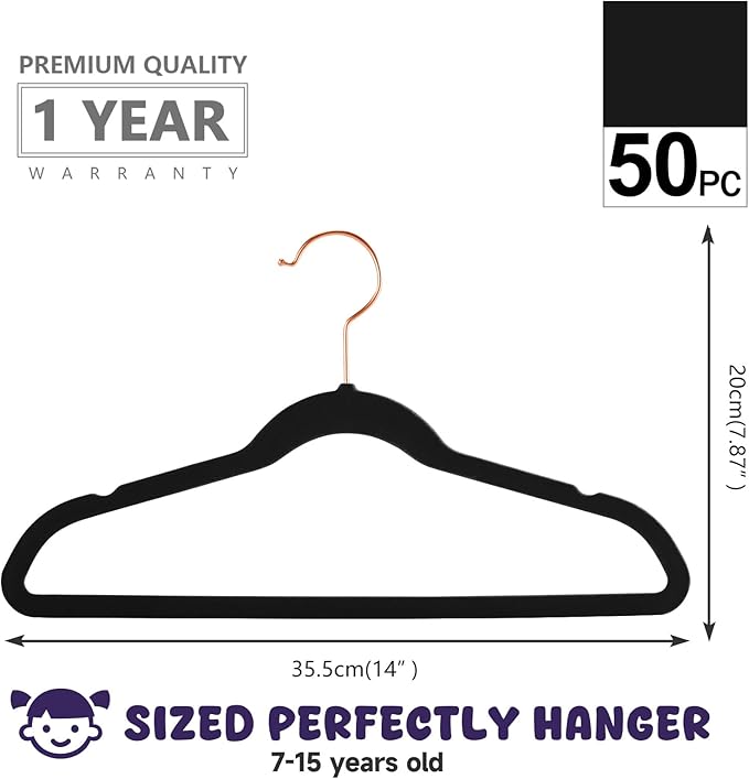 MIZGI Kids Velvet Hangers,Non-Slip Big Kids Hangers,14 Inch Hangers for Youth,Teen Clothes,Pack of 50（Black/Rosegold）