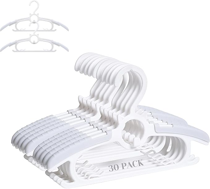 JSF 30Pcs Baby Hangers for Nursery Closet, Infant Hangers Extendable and Non-Slip for Newborn Toddler Kids Clothes,11"-14" Adjustable Children Coat Pant Hanger for Girl and Boy Nursery Grey