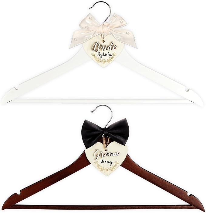 party greeting 2 Pack Wedding Hanger Bride and Groom Hangers with Tags Elegant Wooden Wedding Dress Hanger Wedding Day Gift Bow Tie Bridesmaid Hangers for Bridal Party & Shower (White and Brown)