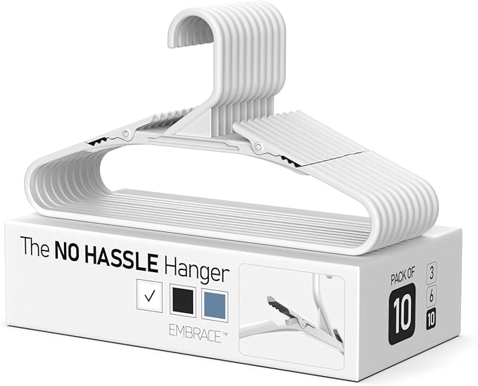 No Hassle-Hangers Best Clothes Hanger Ultra Soft Rubberized Grip Clip Keeps Garments in Place and Off The Floor. Perfect for Wide Neck Silks & Satin Tops, delicates, Athletic wear. (10, Bright Grey)