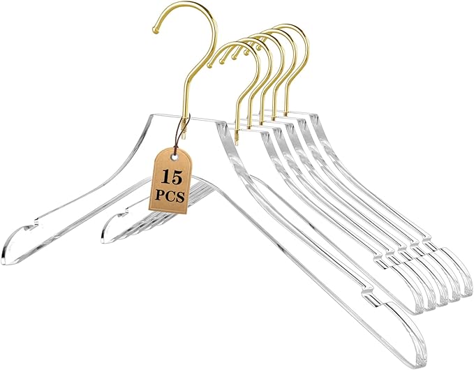 Besser 15 Pack Acrylic Hangers with Gold,Acrylic Clear Hanger,Premium Crystal Dress Hangers Swivel Gold Hook Luxurious Shiny Clothes Hangers(Clear-Style A)
