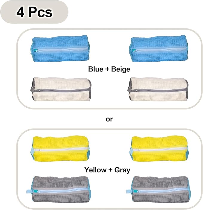 Shoe Washing Machine Bag, 4 Pcs Laundry Shoe Bags for Washer and Dryer with Chenille Liner, Large Reusable Mesh Bag for Sneakers, Gym, Tennis, Sports, Delicate, 2 Color Mix(Yellow+Gray)