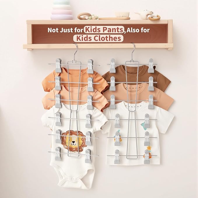 DOIOWN 6-Tier Baby Hangers with Clips - Space Saving Kids Pants Hangers for Babies & Kids Pant,Clothe,Adjustable Toddler Clothes Hanger for Newborn Children Closet Organization Gray 4Pack