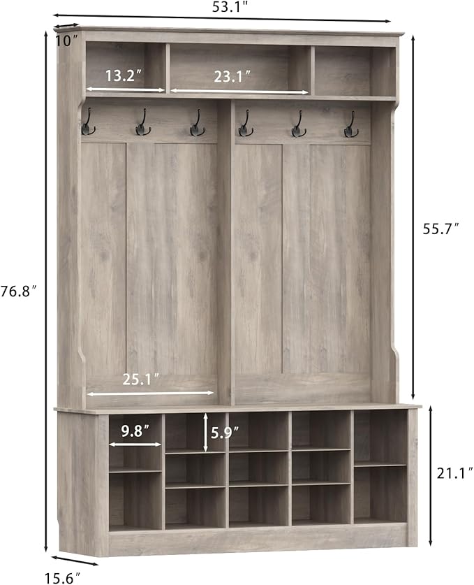 Hall Tree with Bench and Shoe Storage, 53" Farmhouse 4-in-1 Mudroom Storage Organizer with Coat Rack, 6 Hooks, 12 Shoe Cubbies, Adjustable Shelf, for Entryway, Hallway, Living Room, Grey
