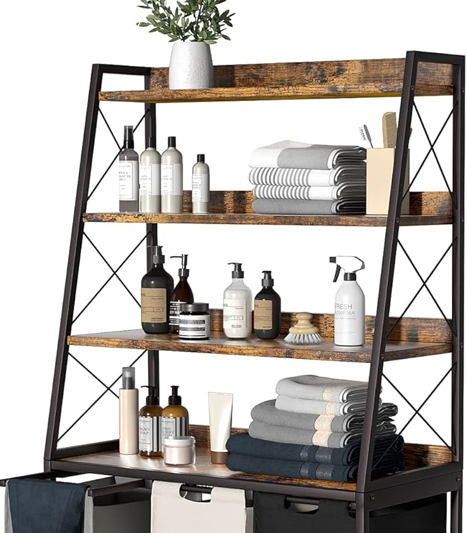 Laundry Basket, 3 Section Laundry Hamper with 4 Tiers Shelf, Pull-Out and Removable Laundry Bags, Large 3 x 15.87 Gallons, for Laundry Room Bathroom Rustic Brown PF05XLN