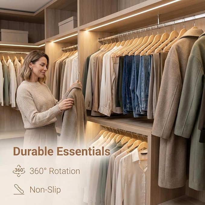 Durable Essentials Plastic Hangers – Pack of 20 Slim, Heavy-Duty, Wood-Like Design with Non-Slip Surface, 360° Rotating Rust-Resistant Hook for Space-Saving