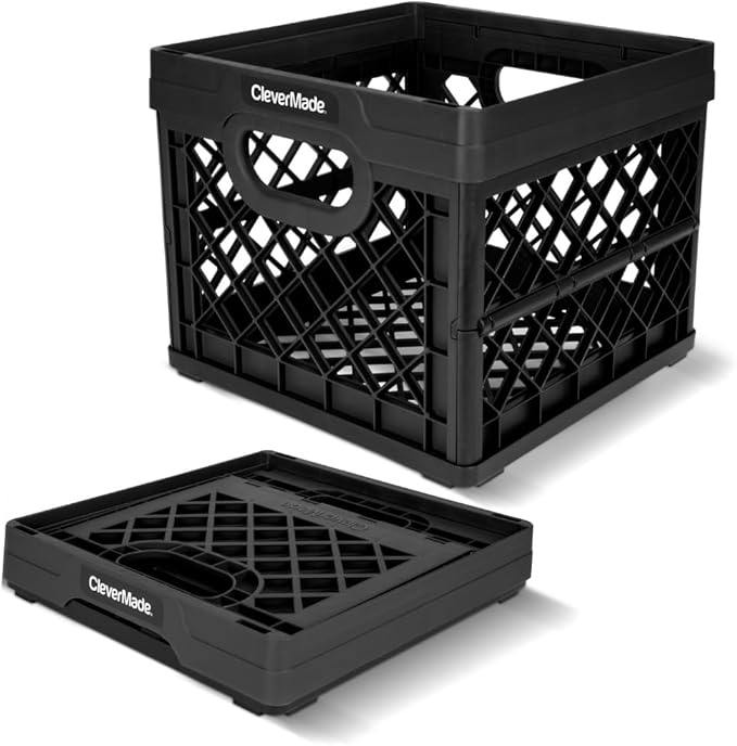 CleverMade Collapsible Milk Crate 25L (6.6 Gal), 50 lb Heavy Duty Folding Crate – Stackable Storage Crates with File Rails, Plastic Collapsible Crates for Storage - Obsidian