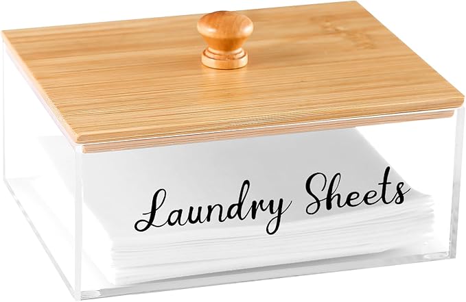 Acrylic Laundry Sheet Holder with Bamboo Lid, Laundry Detergent Sheet Container/Holder/Dispenser, laundry Room Organization and Storage