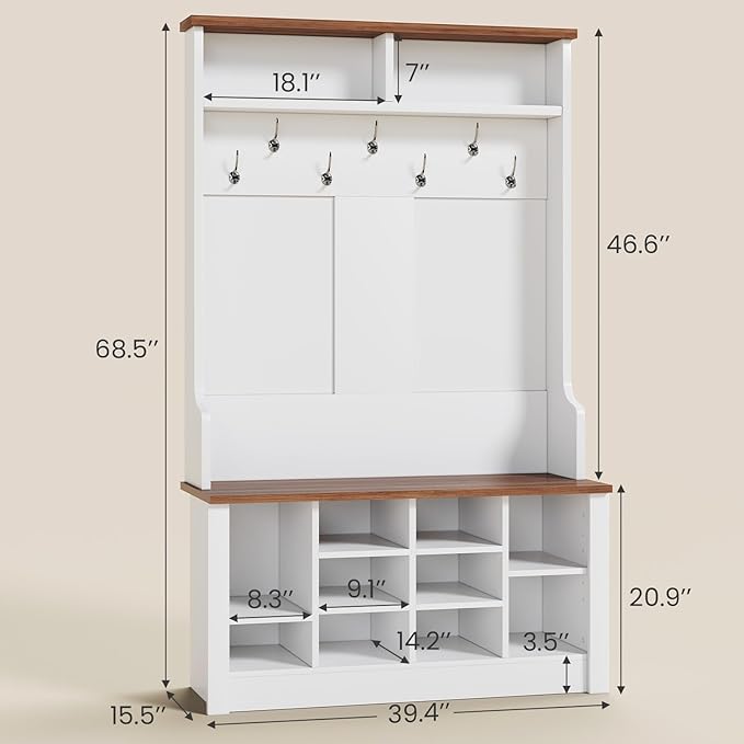 Itaar Hall Tree with Bench and Shoe Storage, 3-in-1 Entryway Bench with Coat Rack, Hall Tree with Adjustable Shoe Storage and Hanging Hooks, White and Brown (White and Brown)