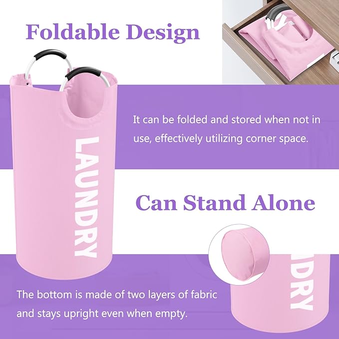 2Pcs 95L Purple + Pink Laundry Basket, Folding Laundry Hampers for Women with Soft Handles, Freestanding Dirty Clothes Basket, Sturdy Oxford Fabric Clothes Hampers for Travel, Dormitory