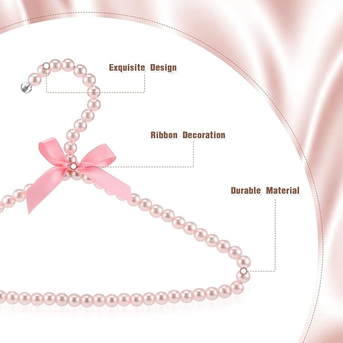Threan Pink 12 Pcs Pearl Beaded Clothes Hanger Mini Pearl Beads Small Metal Clothes Hangers with Ribbon Standard for Kids Baby Children Pet Dog