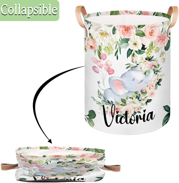 Personalized Laundry Basket, Custom Gift Laundry Hamper, Collapsible Nursery Waterproof Laundry Baskets, Dirty Clothes Toy Hamper with Handles Pink Floral Elephant Sleep