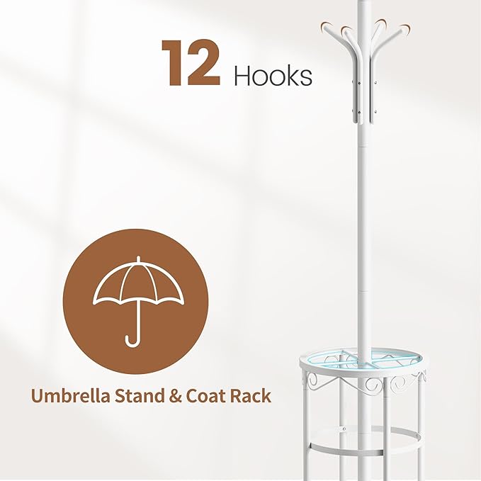 FILWH Coat Rack Freestanding with Umbrella Stand with 12 Hooks Metal Coat Tree Coat and Hat Hanger Jacket Entryway Coat Rack (White)