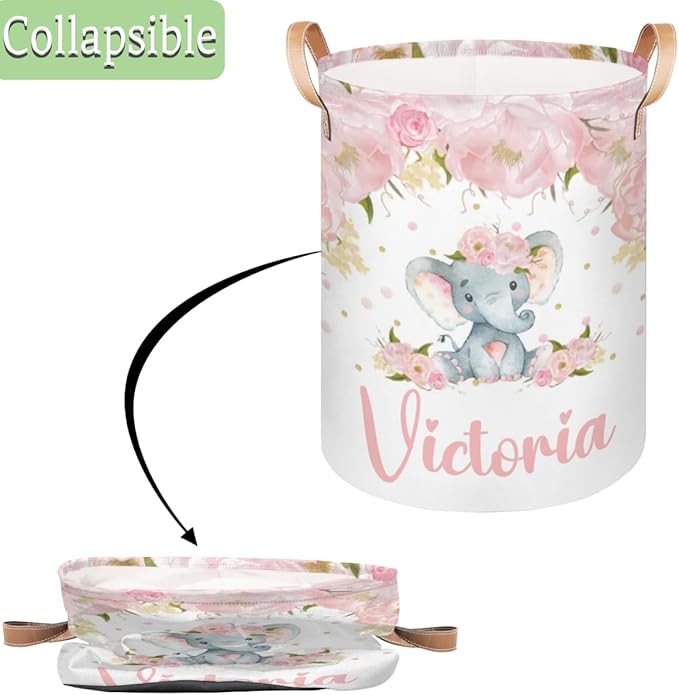 Personalized Laundry Basket, Custom Gift Laundry Hamper, Collapsible Nursery Waterproof Laundry Baskets, Dirty Clothes Toy Hamper with Handles Pink Floral Cute Elephant