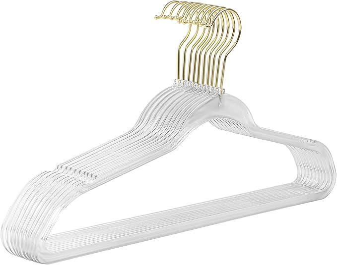 Clear Acrylic Plastic Hangers for Clothes for Adult Closet Heavy Duty Hangers Space Saving 360 Degree Swivel Hook and Notches (50, Gold/Clear)