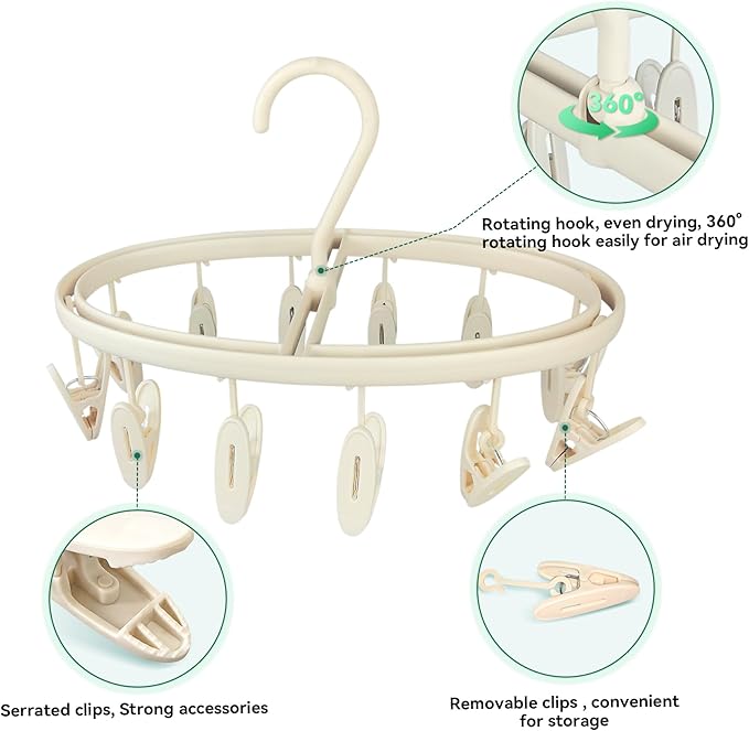 Premium Portable Travel Foldable Clothes Drying Hanger with 12 Clips, Anti-Rusty Plastic Drying Rack for Socks, Lingeries, Delicates and Baby Clothes