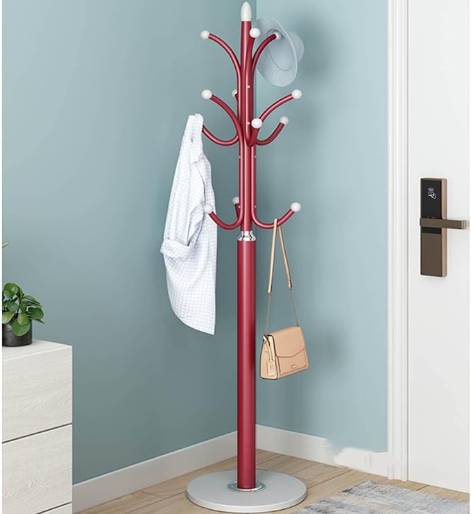 IMPREC Free-Standing Coat Rack, Hat Hanger Metal Coat Hangers Backpacks Umbrellas Purses Simple Coat Stand Stylish Coat with Stable Round Marble Base (Color : Rojo)