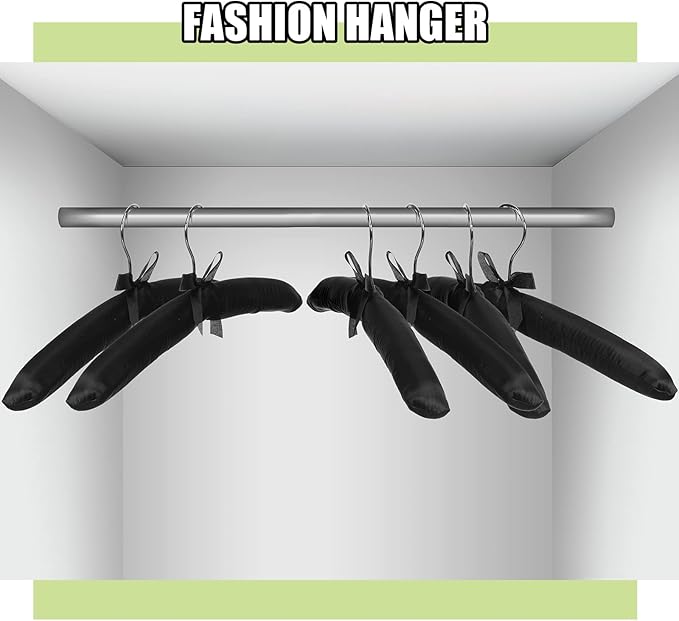 Jetec 24 Pieces Satin Padded Hangers with 360° Swiveling Hook Sponge Shoulder Pads Hanger for Coat, Sweaters, Blouse, Wedding Dress, Women Cloths (Black)