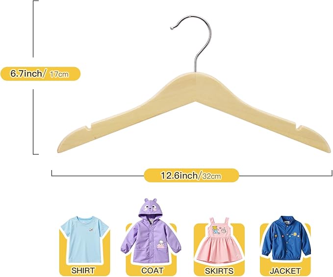 Kids Wooden Hangers 18 Pack,Baby Clothes Hanger with Smooth Finish Natural,Baby Wood Hangers with Non Slip Notches and Anti-Rust 360-degree Swivel Hook,Durable and Strong Wood for Closet