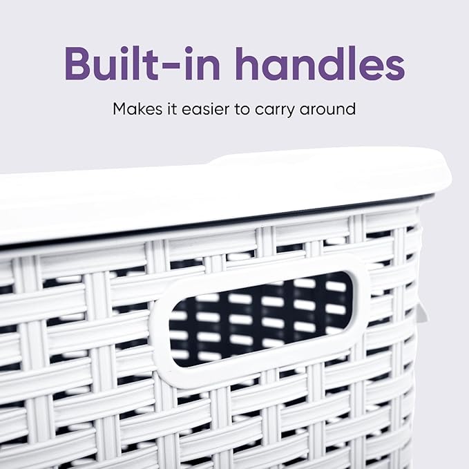 Plastic Corner Laundry Hamper with Lid, Curved Designed Laundry Basket, 2 Pack Triangle White Cloths Hamper Organizer with Cut-out Handles for Laundry Room Bedroom Bathroom, Wicker Design, 50 Liter