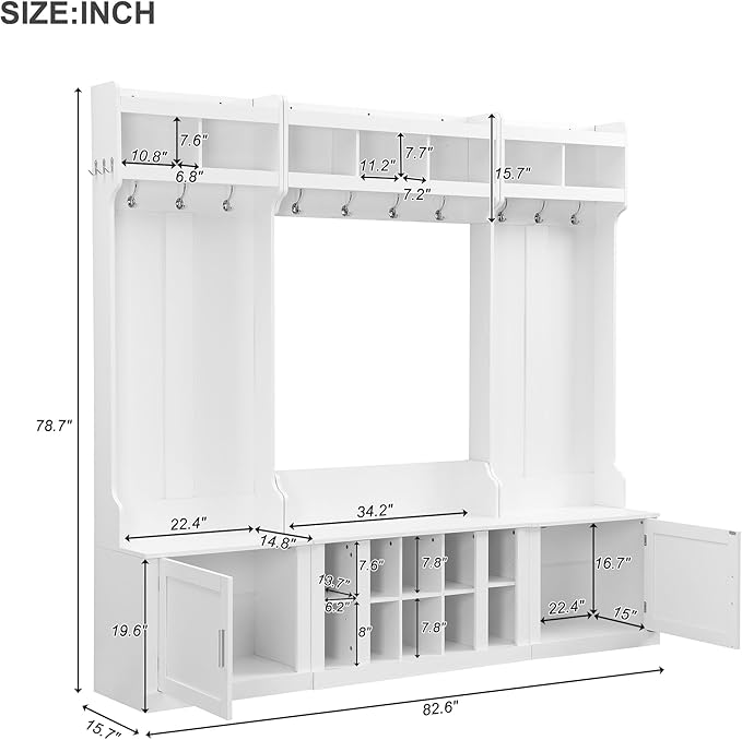Modern Hall Tree with Storage and Bench, 4-IN-1 Multi-Functional Entryway Bench with Coat Rack and Shoe Cubbies, Practical Furniture for Mudrooms Organization Entryway Living Room (White-65f)