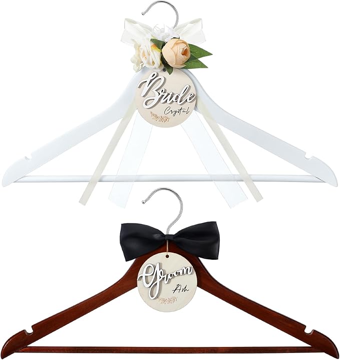 2 Pack Bride and Groom Wedding Hanger Set with Ribbon Bow Wooden Dress Suit Hanger Gift for Wedding Bridal Party Photo Decor(Brown, White,Flower)