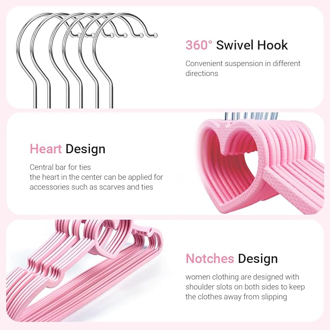 Plastic Hangers 80 Pack, Pink Clothes Hanger with 10 Clips- Ultra Thin Space Saving with 360 Degree Swivel Hook -Strong Adult for Dress,Shirt,Coats